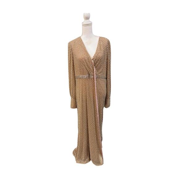Mac Duggal New Wrap Over Bishop Sleeve Gown With Pearl Beading Size 14